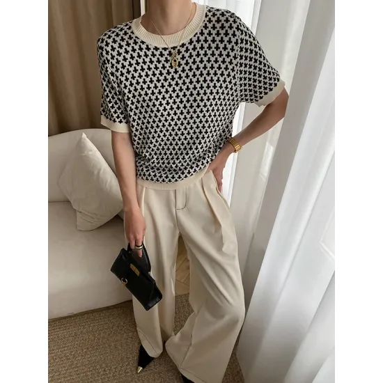 Houndstooth Half Sleeves Round-Neck Sweater Tops Houndstooth Half Sleeves Round-Neck Sweater Tops