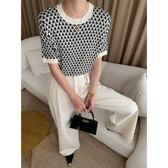 Houndstooth Half Sleeves Round-Neck Sweater Tops Houndstooth Half Sleeves Round-Neck Sweater Tops