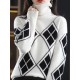 Casual Long Sleeves Loose Plaid High-Neck Sweater Tops Casual Long Sleeves Loose Plaid High-Neck Sweater Tops