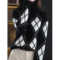 Casual Long Sleeves Loose Plaid High-Neck Sweater Tops