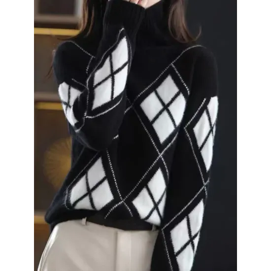 Casual Long Sleeves Loose Plaid High-Neck Sweater Tops Casual Long Sleeves Loose Plaid High-Neck Sweater Tops