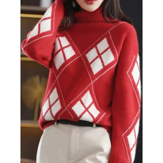 Casual Long Sleeves Loose Plaid High-Neck Sweater Tops Casual Long Sleeves Loose Plaid High-Neck Sweater Tops