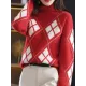 Casual Long Sleeves Loose Plaid High-Neck Sweater Tops Casual Long Sleeves Loose Plaid High-Neck Sweater Tops