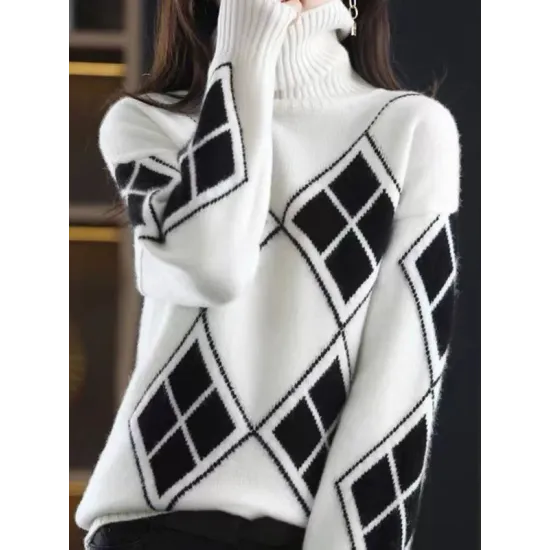 Casual Long Sleeves Loose Plaid High-Neck Sweater Tops Casual Long Sleeves Loose Plaid High-Neck Sweater Tops