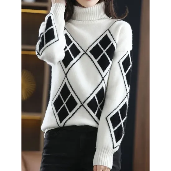 Casual Long Sleeves Loose Plaid High-Neck Sweater Tops Casual Long Sleeves Loose Plaid High-Neck Sweater Tops