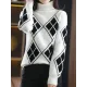Casual Long Sleeves Loose Plaid High-Neck Sweater Tops Casual Long Sleeves Loose Plaid High-Neck Sweater Tops