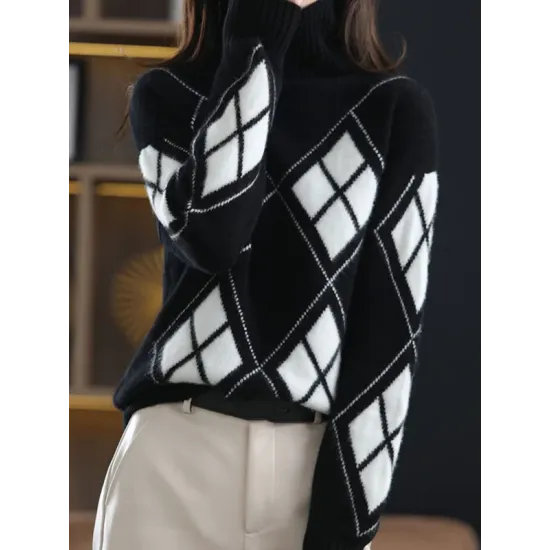 Casual Long Sleeves Loose Plaid High-Neck Sweater Tops Casual Long Sleeves Loose Plaid High-Neck Sweater Tops