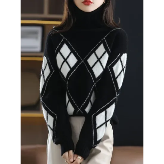 Casual Long Sleeves Loose Plaid High-Neck Sweater Tops Casual Long Sleeves Loose Plaid High-Neck Sweater Tops