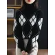 Casual Long Sleeves Loose Plaid High-Neck Sweater Tops Casual Long Sleeves Loose Plaid High-Neck Sweater Tops