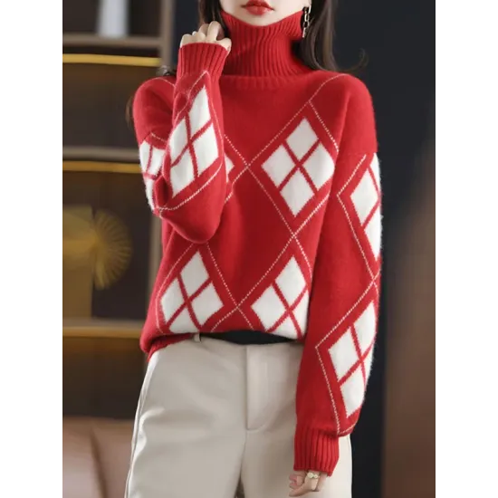 Casual Long Sleeves Loose Plaid High-Neck Sweater Tops Casual Long Sleeves Loose Plaid High-Neck Sweater Tops