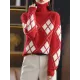Casual Long Sleeves Loose Plaid High-Neck Sweater Tops Casual Long Sleeves Loose Plaid High-Neck Sweater Tops