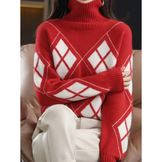 Casual Long Sleeves Loose Plaid High-Neck Sweater Tops Casual Long Sleeves Loose Plaid High-Neck Sweater Tops