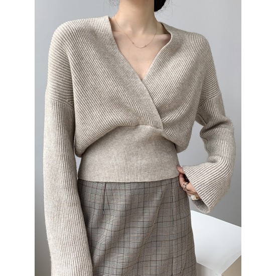 Asymmetric Solid Color Long Sleeves V-Neck Sweater Pullovers Knitwear Asymmetric Solid Color Long Sleeves V-Neck Sweater Pullovers Knitwear