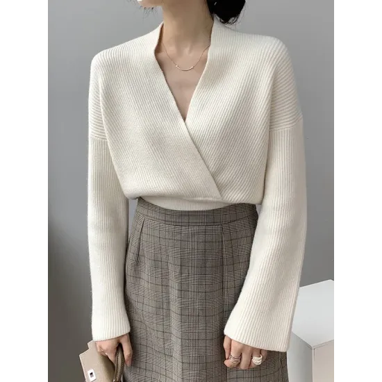 Asymmetric Solid Color Long Sleeves V-Neck Sweater Pullovers Knitwear Asymmetric Solid Color Long Sleeves V-Neck Sweater Pullovers Knitwear