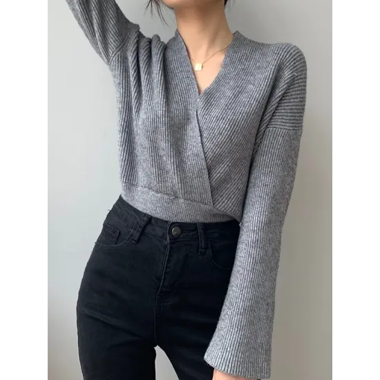 Asymmetric Solid Color Long Sleeves V-Neck Sweater Pullovers Knitwear Asymmetric Solid Color Long Sleeves V-Neck Sweater Pullovers Knitwear