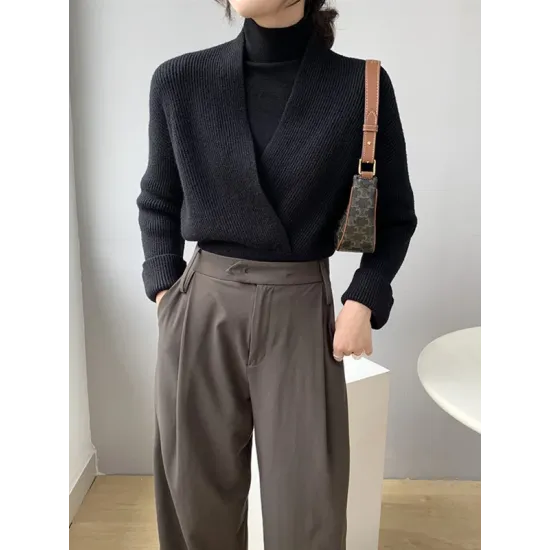 Asymmetric Solid Color Long Sleeves V-Neck Sweater Pullovers Knitwear Asymmetric Solid Color Long Sleeves V-Neck Sweater Pullovers Knitwear