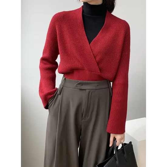 Asymmetric Solid Color Long Sleeves V-Neck Sweater Pullovers Knitwear Asymmetric Solid Color Long Sleeves V-Neck Sweater Pullovers Knitwear