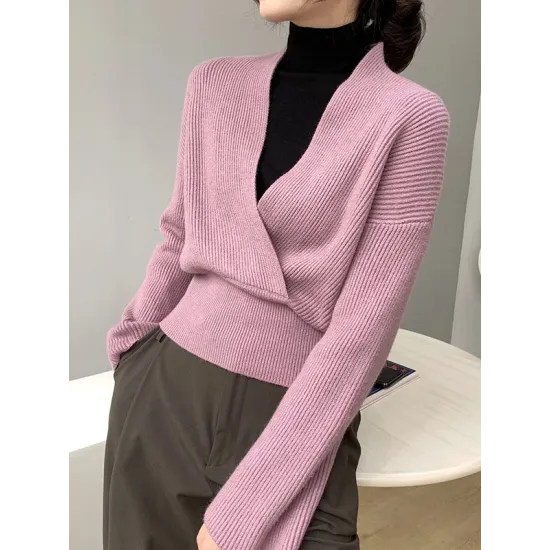Asymmetric Solid Color Long Sleeves V-Neck Sweater Pullovers Knitwear Asymmetric Solid Color Long Sleeves V-Neck Sweater Pullovers Knitwear
