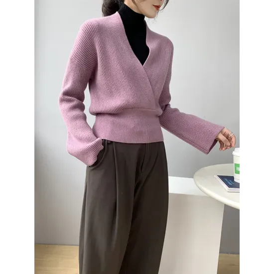 Asymmetric Solid Color Long Sleeves V-Neck Sweater Pullovers Knitwear Asymmetric Solid Color Long Sleeves V-Neck Sweater Pullovers Knitwear