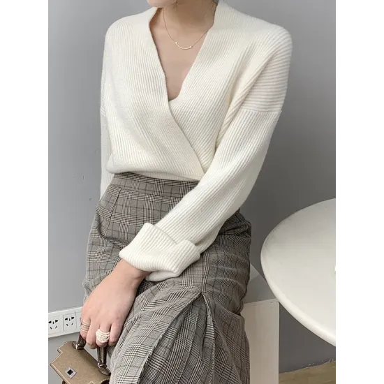 Asymmetric Solid Color Long Sleeves V-Neck Sweater Pullovers Knitwear Asymmetric Solid Color Long Sleeves V-Neck Sweater Pullovers Knitwear