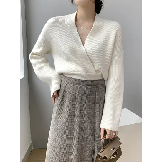 Asymmetric Solid Color Long Sleeves V-Neck Sweater Pullovers Knitwear Asymmetric Solid Color Long Sleeves V-Neck Sweater Pullovers Knitwear