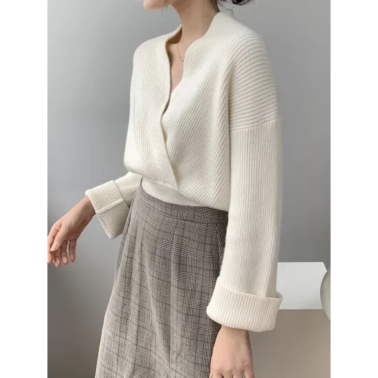 Asymmetric Solid Color Long Sleeves V-Neck Sweater Pullovers Knitwear Asymmetric Solid Color Long Sleeves V-Neck Sweater Pullovers Knitwear