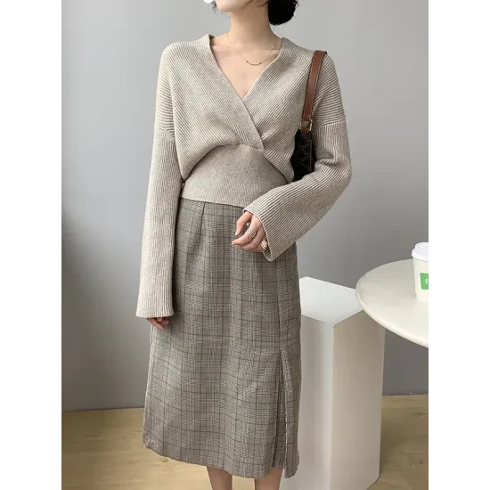 Asymmetric Solid Color Long Sleeves V-Neck Sweater Pullovers Knitwear Asymmetric Solid Color Long Sleeves V-Neck Sweater Pullovers Knitwear