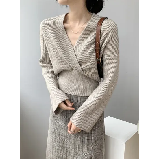Asymmetric Solid Color Long Sleeves V-Neck Sweater Pullovers Knitwear Asymmetric Solid Color Long Sleeves V-Neck Sweater Pullovers Knitwear