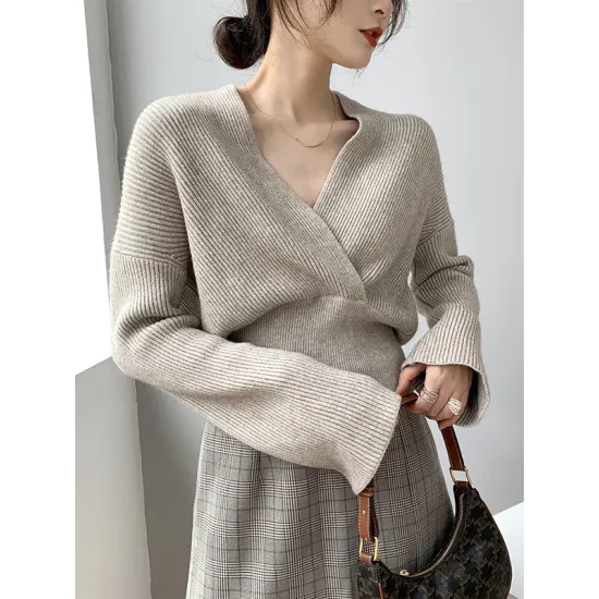 Asymmetric Solid Color Long Sleeves V-Neck Sweater Pullovers Knitwear Asymmetric Solid Color Long Sleeves V-Neck Sweater Pullovers Knitwear