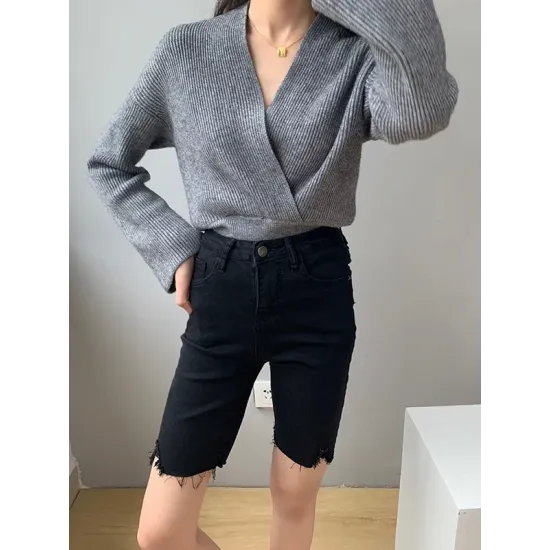 Asymmetric Solid Color Long Sleeves V-Neck Sweater Pullovers Knitwear Asymmetric Solid Color Long Sleeves V-Neck Sweater Pullovers Knitwear