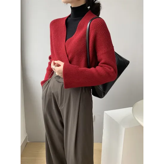 Asymmetric Solid Color Long Sleeves V-Neck Sweater Pullovers Knitwear Asymmetric Solid Color Long Sleeves V-Neck Sweater Pullovers Knitwear