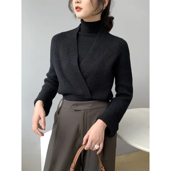 Asymmetric Solid Color Long Sleeves V-Neck Sweater Pullovers Knitwear Asymmetric Solid Color Long Sleeves V-Neck Sweater Pullovers Knitwear