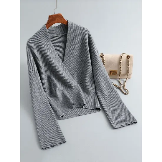 Asymmetric Solid Color Long Sleeves V-Neck Sweater Pullovers Knitwear Asymmetric Solid Color Long Sleeves V-Neck Sweater Pullovers Knitwear