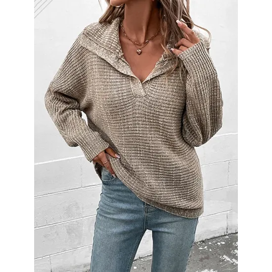 Casual Loose Long Sleeves Solid Color Lapel Collar Sweater Tops Casual Loose Long Sleeves Solid Color Lapel Collar Sweater Tops