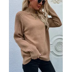 Stylish Long Sleeves Loose Solid Color High-Neck Sweater Tops