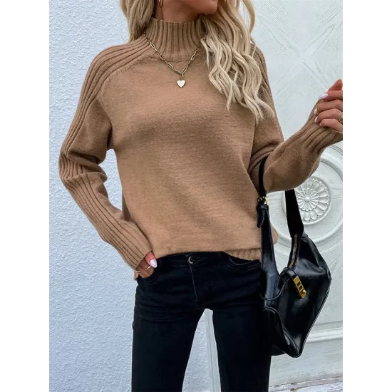 Stylish Long Sleeves Loose Solid Color High-Neck Sweater Tops