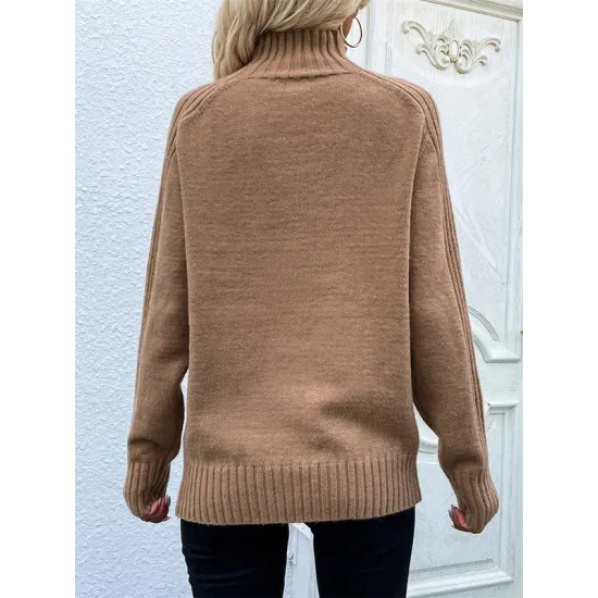 Stylish Long Sleeves Loose Solid Color High-Neck Sweater Tops