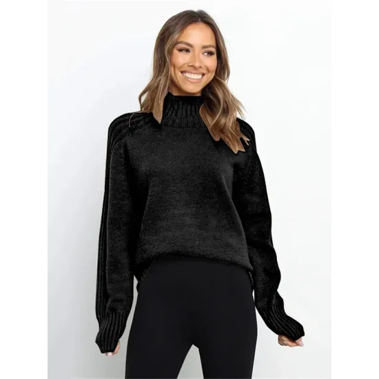 Stylish Long Sleeves Loose Solid Color High-Neck Sweater Tops