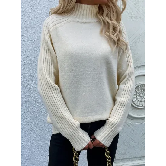Stylish Long Sleeves Loose Solid Color High-Neck Sweater Tops