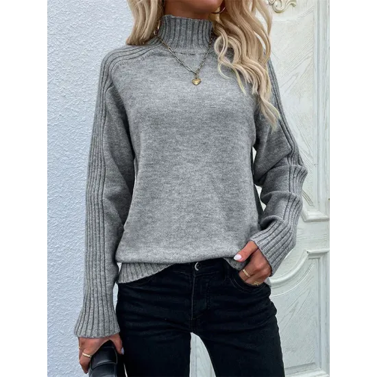 Stylish Long Sleeves Loose Solid Color High-Neck Sweater Tops