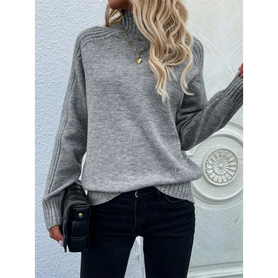 Stylish Long Sleeves Loose Solid Color High-Neck Sweater Tops