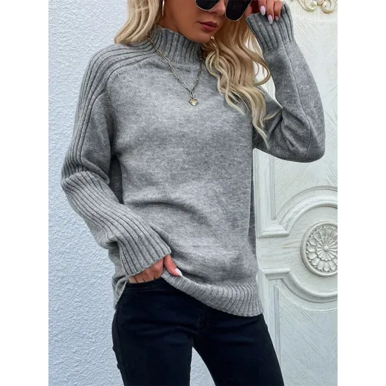 Stylish Long Sleeves Loose Solid Color High-Neck Sweater Tops