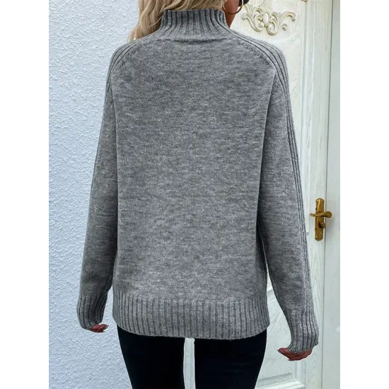 Stylish Long Sleeves Loose Solid Color High-Neck Sweater Tops