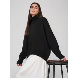 Casual Long Sleeves Loose Solid Color High-Neck Sweater Tops