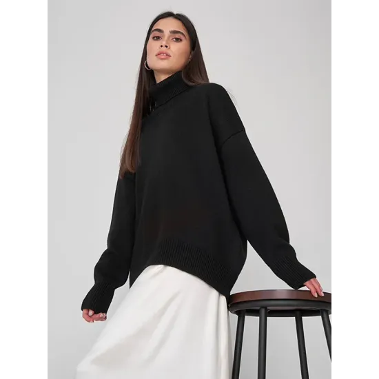 Casual Long Sleeves Loose Solid Color High-Neck Sweater Tops Casual Long Sleeves Loose Solid Color High-Neck Sweater Tops