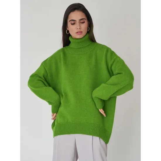 Casual Long Sleeves Loose Solid Color High-Neck Sweater Tops Casual Long Sleeves Loose Solid Color High-Neck Sweater Tops