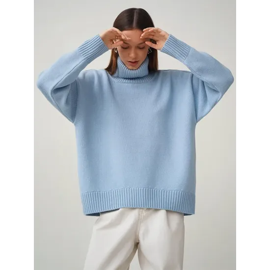 Casual Long Sleeves Loose Solid Color High-Neck Sweater Tops Casual Long Sleeves Loose Solid Color High-Neck Sweater Tops