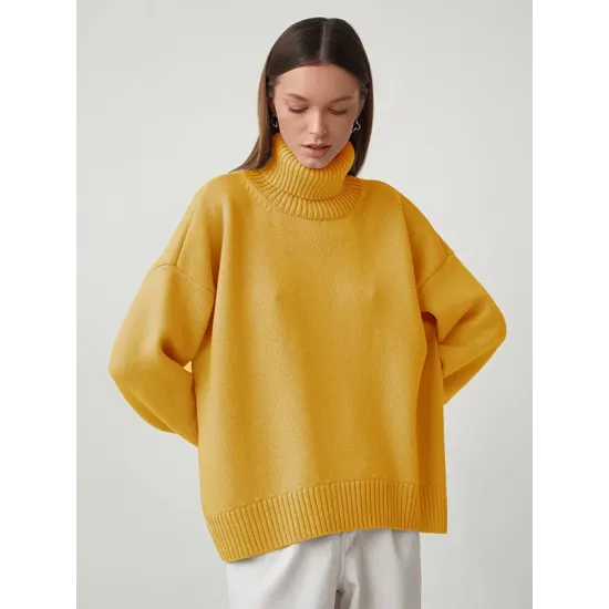 Casual Long Sleeves Loose Solid Color High-Neck Sweater Tops Casual Long Sleeves Loose Solid Color High-Neck Sweater Tops