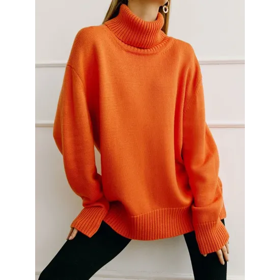 Casual Long Sleeves Loose Solid Color High-Neck Sweater Tops Casual Long Sleeves Loose Solid Color High-Neck Sweater Tops