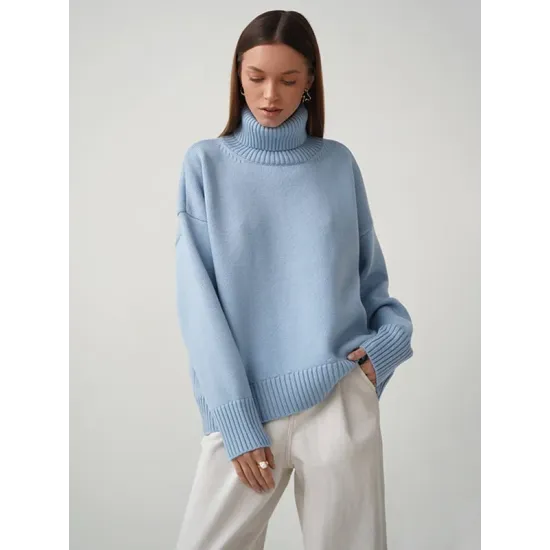 Casual Long Sleeves Loose Solid Color High-Neck Sweater Tops Casual Long Sleeves Loose Solid Color High-Neck Sweater Tops